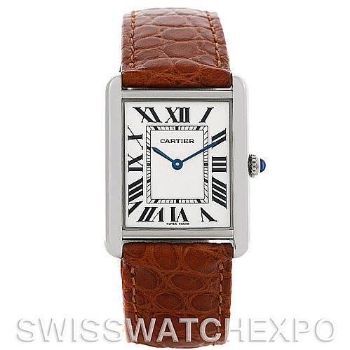 This image shows a front view of a Cartier Tank Solo W1018355 Men
s Stainless Steel Silver Dial W1018355 Men
s Stainless Steel Silver Dial watch, highlighting its rectangular face and brown leather strap.