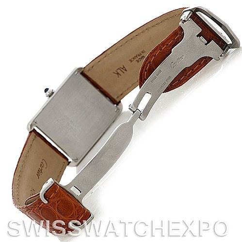The image shows the back view of a Cartier Tank Solo W1018355 Men
s Stainless Steel Silver Dial W1018355 Men
s Stainless Steel Silver Dial watch with its leather strap and clasp.