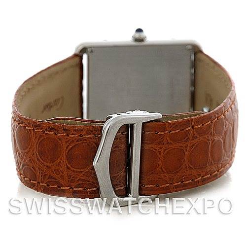 This image shows the back and clasp of a Cartier Tank Solo W1018355 Men
s Stainless Steel Silver Dial W1018355 Men
s Stainless Steel Silver Dial watch with a brown leather strap.