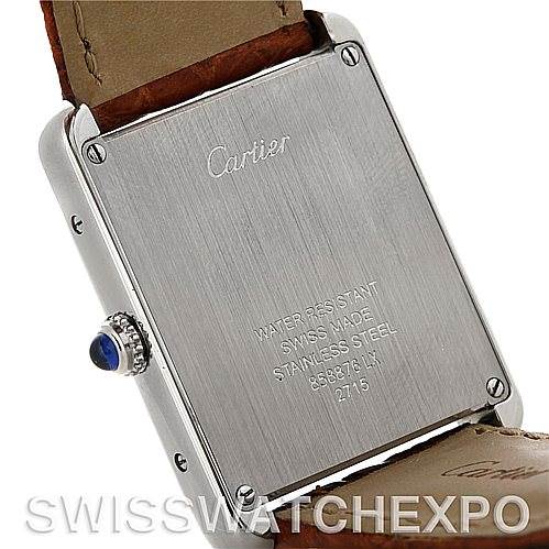 This image shows the back side of a Cartier Tank Solo W1018355 Men
s Stainless Steel Silver Dial W1018355 Men
s Stainless Steel Silver Dial watch, highlighting its stainless steel case and engravings.