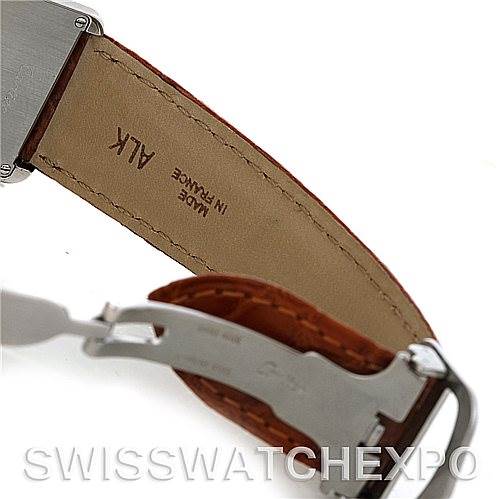 This image shows a close-up of the strap and clasp of the Cartier Tank Solo W1018355 Men
s Stainless Steel Silver Dial W1018355 Men
s Stainless Steel Silver Dial watch.