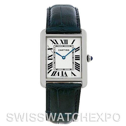 The image shows a front view of the Cartier Tank Solo W1018355 Men
s Stainless Steel Silver Dial W1018355 Men
s Stainless Steel Silver Dial watch, highlighting its rectangular face, Roman numerals, and leather strap.