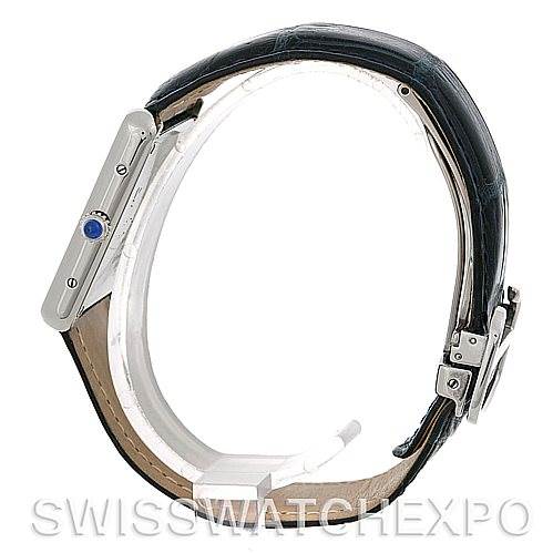 The image shows a side profile of the Cartier Tank Solo W1018355 Men
s Stainless Steel Silver Dial W1018355 Men
s Stainless Steel Silver Dial watch, focusing on its case side, crown, and leather strap.