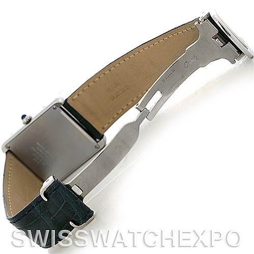 The image shows the underside of a Cartier Tank Solo W1018355 Men
s Stainless Steel Silver Dial W1018355 Men
s Stainless Steel Silver Dial watch, focusing on the open clasp and leather strap.
