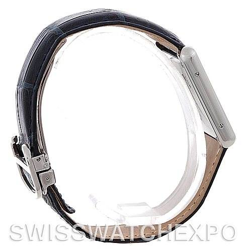 The image shows a side view of the Cartier Tank Solo W1018355 Men
s Stainless Steel Silver Dial W1018355 Men
s Stainless Steel Silver Dial watch, highlighting the strap, buckle, and case side.