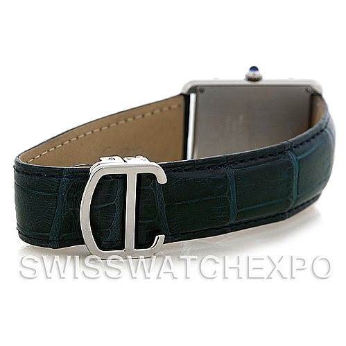 This image shows a rear angle of the Cartier Tank Solo W1018355 Men
s Stainless Steel Silver Dial W1018355 Men
s Stainless Steel Silver Dial, highlighting the leather strap and clasp.