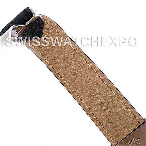 The image shows a close-up of the underside of a leather strap from the Cartier Tank Solo W1018355 Men
s Stainless Steel Silver Dial W1018355 Men
s Stainless Steel Silver Dial watch.