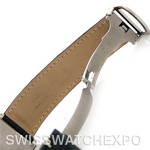 This image shows a side view of a Cartier Tank Solo W1018355 Men
s Stainless Steel Silver Dial W1018355 Men
s Stainless Steel Silver Dial watch
s leather strap and partially visible metal clasp.