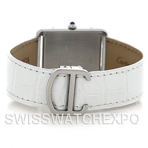 The image shows the back view of a Cartier Tank Solo W1018355 Stainless Steel Silver Dial W1018355 Stainless Steel Silver Dial watch, focusing on the white leather strap and clasp.