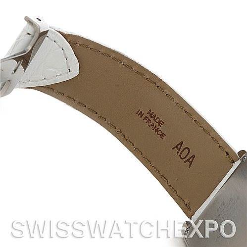 This image shows the leather strap and part of the buckle of a Cartier Tank Solo W1018355 Stainless Steel Silver Dial W1018355 Stainless Steel Silver Dial watch from an underside angle.