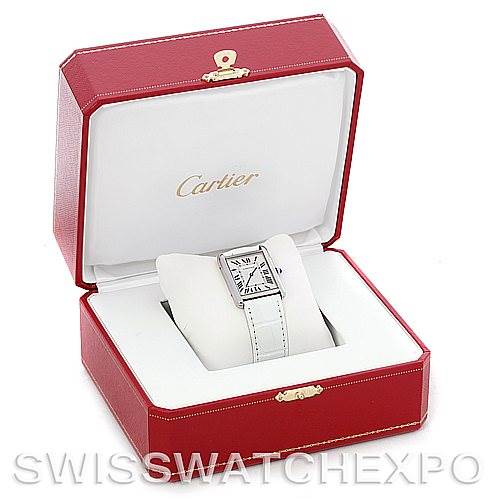 The image shows a Cartier Tank Solo W1018355 Stainless Steel Silver Dial W1018355 Stainless Steel Silver Dial watch at an oblique angle inside a red Cartier box.