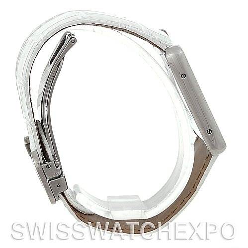 This image shows a side view of a Cartier Tank Solo W1018355 Stainless Steel Silver Dial W1018355 Stainless Steel Silver Dial watch, displaying the clasp, lugs, and the thickness of the watch case.