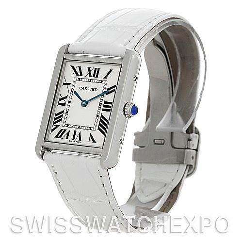 The image shows a Cartier Tank Solo W1018355 Stainless Steel Silver Dial W1018355 Stainless Steel Silver Dial watch at an angled side view, highlighting the face, white leather strap, and clasp.