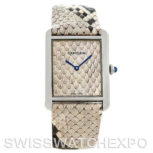The image shows a front view of a Cartier Tank Solo W5200021 Men's Stainless Steel Beige Dial W5200021 Men's Stainless Steel Beige Dial watch, highlighting its dial and snakeskin-patterned strap.