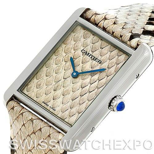 This image shows a close-up of the Cartier Tank Solo W5200021 Men's Stainless Steel Beige Dial W5200021 Men's Stainless Steel Beige Dial watch, focusing on the dial, case, and crown, with its detailed strap.