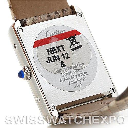 The image shows the back of a Cartier Tank Solo W5200021 Men's Stainless Steel Beige Dial W5200021 Men's Stainless Steel Beige Dial watch, highlighting its stainless steel case and water resistance markings.