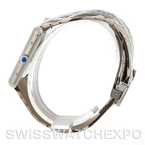 The side view shows the Cartier Tank Solo W5200021 Men's Stainless Steel Beige Dial W5200021 Men's Stainless Steel Beige Dial watch with a focus on the case, crown, and wrist strap.