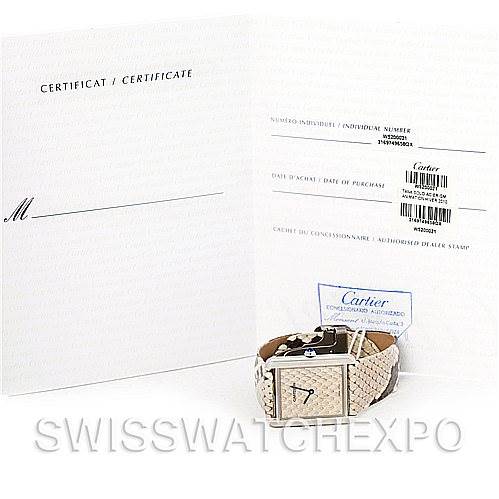 The image shows a Cartier Tank Solo W5200021 Men's Stainless Steel Beige Dial W5200021 Men's Stainless Steel Beige Dial watch with its certificate and purchase documentation.