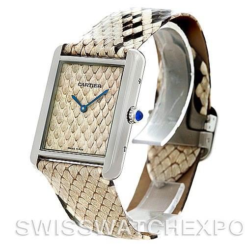 The image displays a Cartier Tank Solo W5200021 Men's Stainless Steel Beige Dial W5200021 Men's Stainless Steel Beige Dial watch at a slight angle, showcasing its face, case, and a distinctive snake-patterned strap.