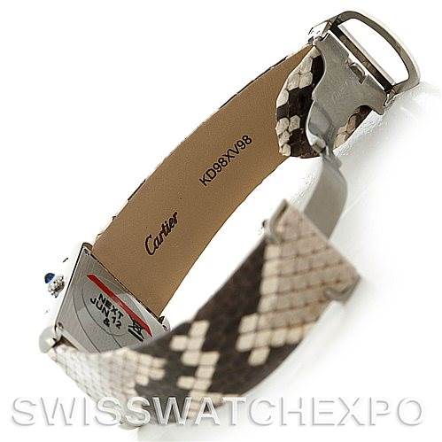 The image shows the back and partially open leather strap of a Cartier Tank Solo W5200021 Men's Stainless Steel Beige Dial W5200021 Men's Stainless Steel Beige Dial watch, angled to display the underside and clasp.