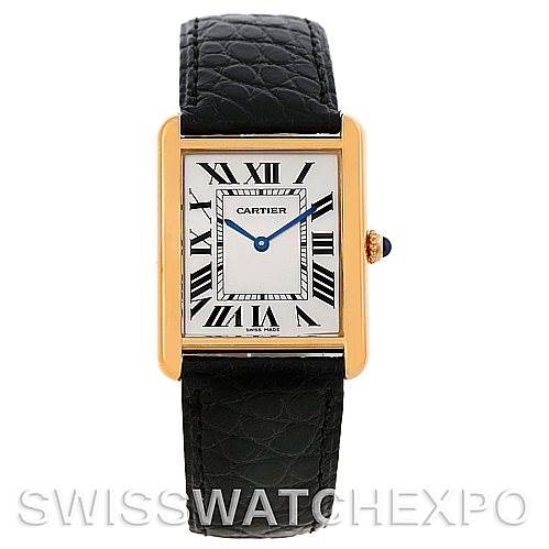 This image shows a Tank Solo watch by Cartier from a front view, highlighting its rectangular case, Roman numeral dial, and black leather strap.