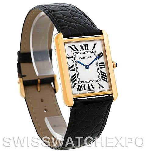The image shows a Cartier Tank Solo W1018855 Men
s Steel and Gold (two tone) Silver Dial W1018855 Men
s Steel and Gold (two tone) Silver Dial watch at an oblique angle, displaying the face, strap, and sides of the case.