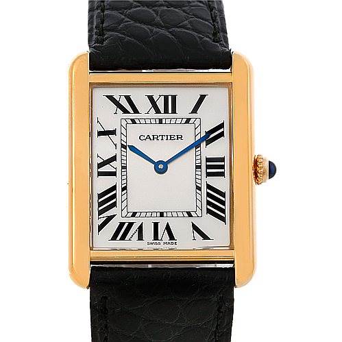 This image shows a front view of the Cartier Tank Solo W1018855 Men
s Steel and Gold (two tone) Silver Dial W1018855 Men
s Steel and Gold (two tone) Silver Dial watch, highlighting its rectangular face, Roman numerals, and black leather strap.
