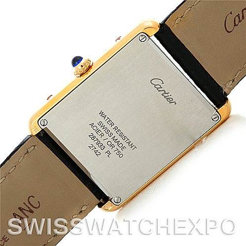 The image shows the back and side profile of a Cartier Tank Solo W1018855 Men
s Steel and Gold (two tone) Silver Dial W1018855 Men
s Steel and Gold (two tone) Silver Dial watch, highlighting the case back and crown.