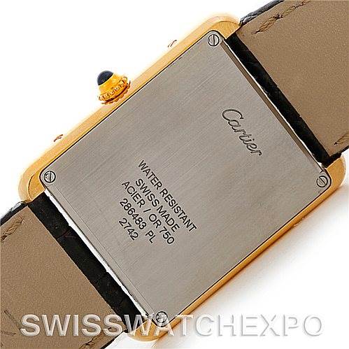 This image shows the case back of a Cartier Tank Solo W1018855 Men's Steel and Gold (two tone) Silver Dial W1018855 Men's Steel and Gold (two tone) Silver Dial watch, highlighting its water resistance and material details.