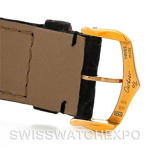 This image shows a close-up of the clasp and leather strap of the Cartier Tank Solo W1018855 Men's Steel and Gold (two tone) Silver Dial W1018855 Men's Steel and Gold (two tone) Silver Dial watch.