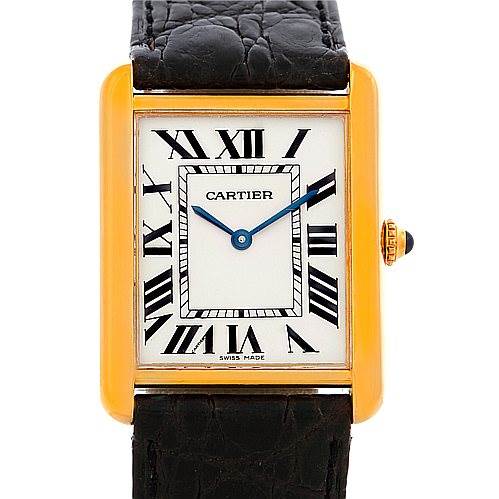 The image shows a front view of the Cartier Tank Solo W1018855 Men's Steel and Gold (two tone) Silver Dial W1018855 Men's Steel and Gold (two tone) Silver Dial watch with its face and strap visible.