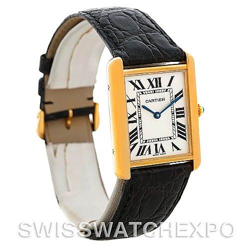 The image displays a Cartier Tank Solo W1018855 Men's Steel and Gold (two tone) Silver Dial W1018855 Men's Steel and Gold (two tone) Silver Dial watch from an oblique angle, showcasing its face, case, and black leather strap.