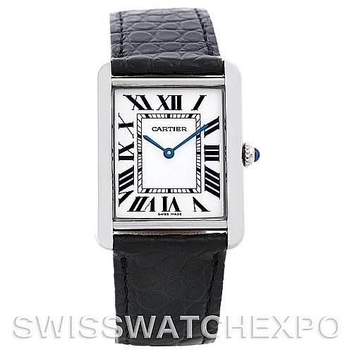 The image displays a frontal view of the Cartier Tank Solo W1018355 Men
s Stainless Steel Silver Dial W1018355 Men
s Stainless Steel Silver Dial watch, showcasing its rectangular face, Roman numerals, silver case, and black leather strap.