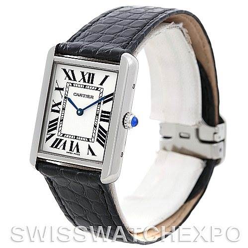 The image shows a side-angle view of the Tank Solo model by Cartier, highlighting its rectangular face, Roman numeral dial, and black leather strap.