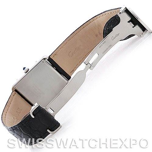 This image shows the underside and clasp of a Cartier Tank Solo W1018355 Men
s Stainless Steel Silver Dial W1018355 Men
s Stainless Steel Silver Dial watch, highlighting the leather strap and deployment buckle.