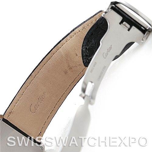 This image shows the buckle and inner leather strap of a Cartier Tank Solo W1018355 Men
s Stainless Steel Silver Dial W1018355 Men
s Stainless Steel Silver Dial watch from a close-up angle.