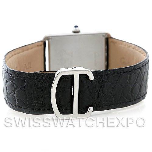 The image shows the back view of a Cartier Tank Solo W1018355 Men
s Stainless Steel Silver Dial W1018355 Men
s Stainless Steel Silver Dial watch with a focus on its black leather strap and clasp.