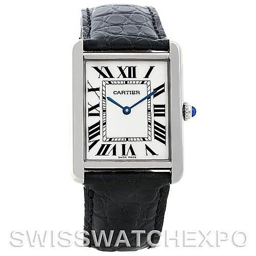 This image shows a front view of the Cartier Tank Solo W1018355 Men's Stainless Steel Silver Dial W1018355 Men's Stainless Steel Silver Dial watch, displaying its face, Roman numerals, blue sword-shaped hands, and black leather strap.
