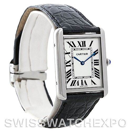 The Cartier Tank Solo W1018355 Men's Stainless Steel Silver Dial W1018355 Men's Stainless Steel Silver Dial watch is shown at a three-quarter angle, displaying the face, bezel, crown, leather strap, and buckle.