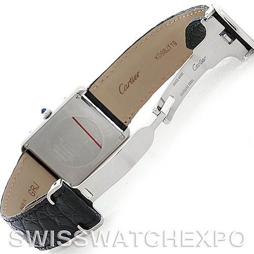 The image shows the back and inner parts of the Cartier Tank Solo W1018355 Men's Stainless Steel Silver Dial W1018355 Men's Stainless Steel Silver Dial watch, including the strap and clasp mechanism.