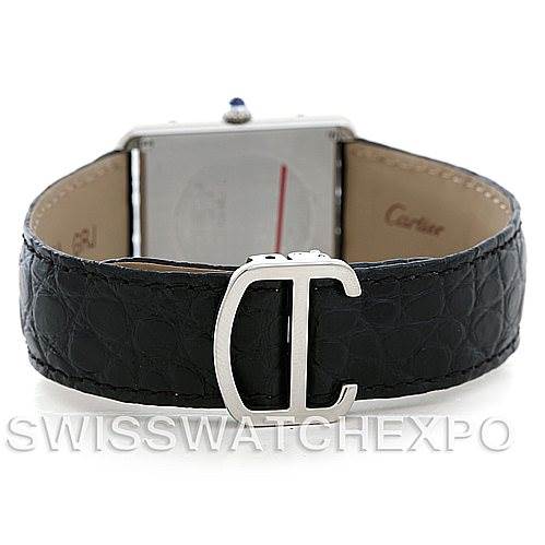 The image is a back view of a Cartier Tank Solo W1018355 Men's Stainless Steel Silver Dial W1018355 Men's Stainless Steel Silver Dial watch, showcasing its black leather strap with a prominent "C" clasp.