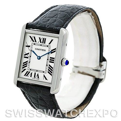 This image shows the Cartier Tank Solo W1018355 Men's Stainless Steel Silver Dial W1018355 Men's Stainless Steel Silver Dial watch at a three-quarter angle, displaying the face, crown, and leather strap.