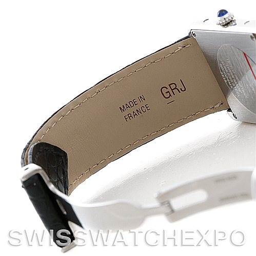 The image shows a side view of the Cartier Tank Solo W1018355 Men's Stainless Steel Silver Dial W1018355 Men's Stainless Steel Silver Dial watch highlighting the leather strap, buckle, and part of the case back.