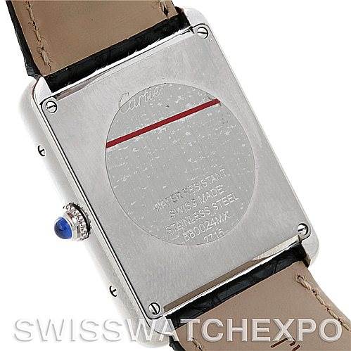 The image shows the back case and leather straps of a Cartier Tank Solo W1018355 Men's Stainless Steel Silver Dial W1018355 Men's Stainless Steel Silver Dial watch, highlighting the branding and specifications.