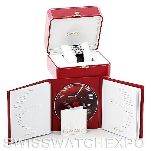 The image shows a Cartier Tank Solo W1018355 Men's Stainless Steel Silver Dial W1018355 Men's Stainless Steel Silver Dial watch in its opened box, accompanied by accessories, manuals, and a CD.