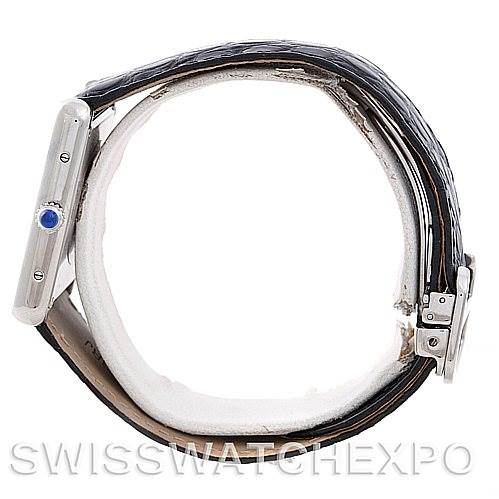 The image shows the Cartier Tank Solo W1018355 Men's Stainless Steel Silver Dial W1018355 Men's Stainless Steel Silver Dial watch from a side view, highlighting the crown and part of the leather strap.