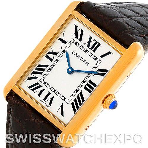 The image shows a close-up view of the face and case of the Cartier Tank Solo W1018855 Men
s Steel and Gold (two tone) Silver Dial W1018855 Men
s Steel and Gold (two tone) Silver Dial watch.