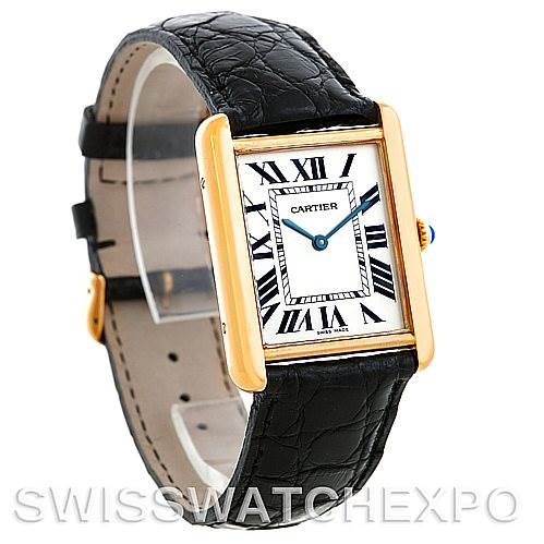 This image shows a Cartier Tank Solo W1018855 Men
s Steel and Gold (two tone) Silver Dial W1018855 Men
s Steel and Gold (two tone) Silver Dial watch at a three-quarter angle, highlighting its face, strap, and gold frame.