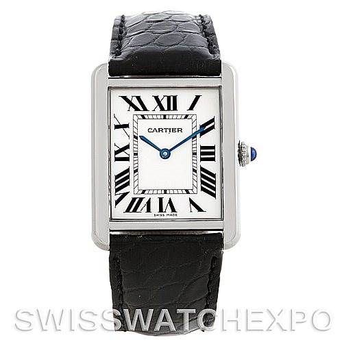 The image shows a front view of the Cartier Tank Solo W1018355 Men
s Stainless Steel Silver Dial W1018355 Men
s Stainless Steel Silver Dial watch, displaying its rectangular face, Roman numerals, and leather strap.