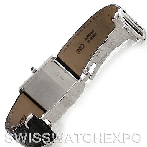 This image shows the backside and clasp of a Cartier Tank Solo W1018355 Men
s Stainless Steel Silver Dial W1018355 Men
s Stainless Steel Silver Dial watch at an angled view.